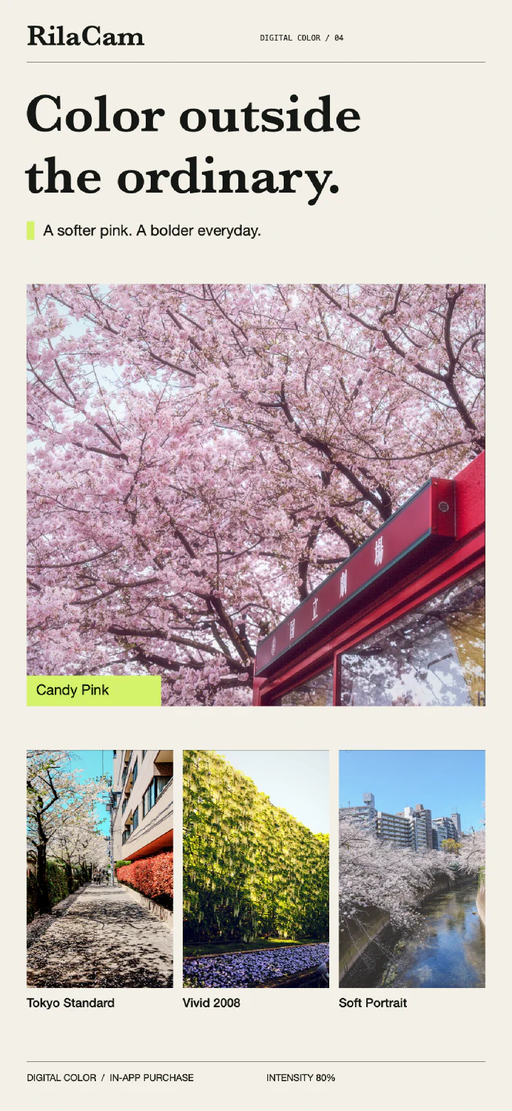 Digital Color 濾鏡展示：Candy Pink 粉色櫻花、Tokyo Standard 街道、Vivid 2008 花園與 Soft Portrait 河岸