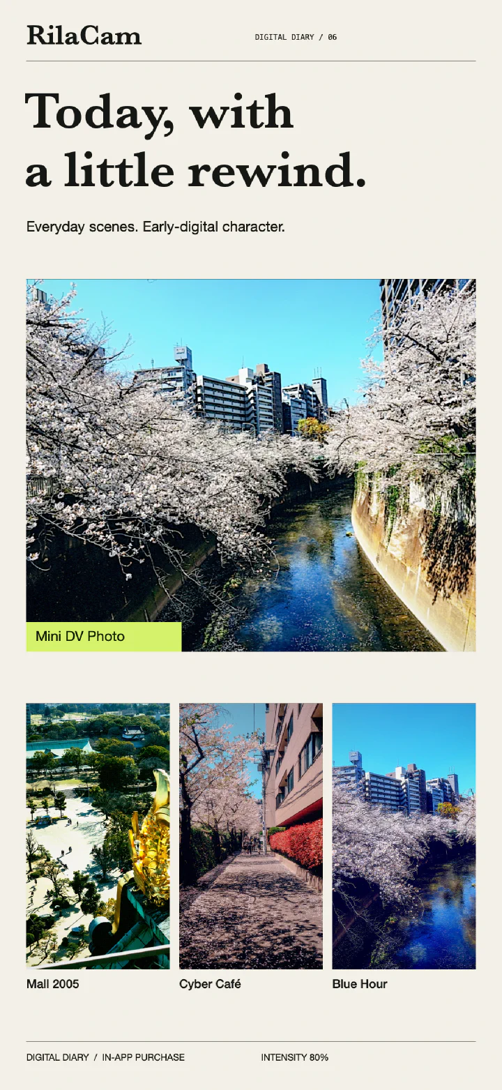 Digital Diary 濾鏡展示：Mini DV Photo 櫻花河岸、Mall 2005 寺院廣場、Cyber Café 街道與 Blue Hour 藍調河岸